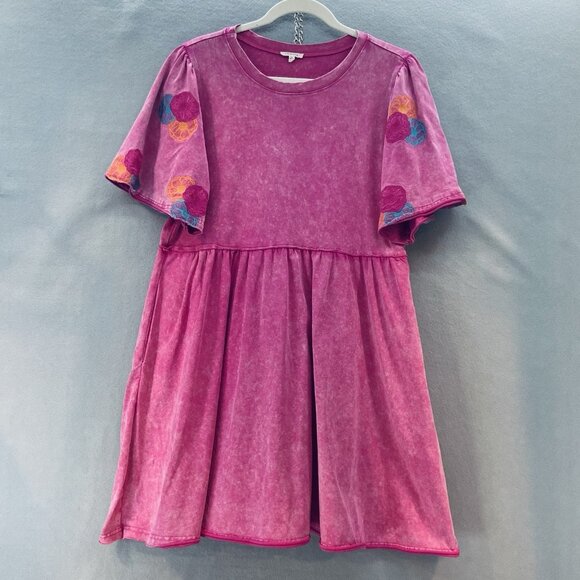Jodifl Dresses & Skirts - Jodifl Babydoll Pink Cotton Dress With Embroidered Puffed Sleeves SZ‎ Medium